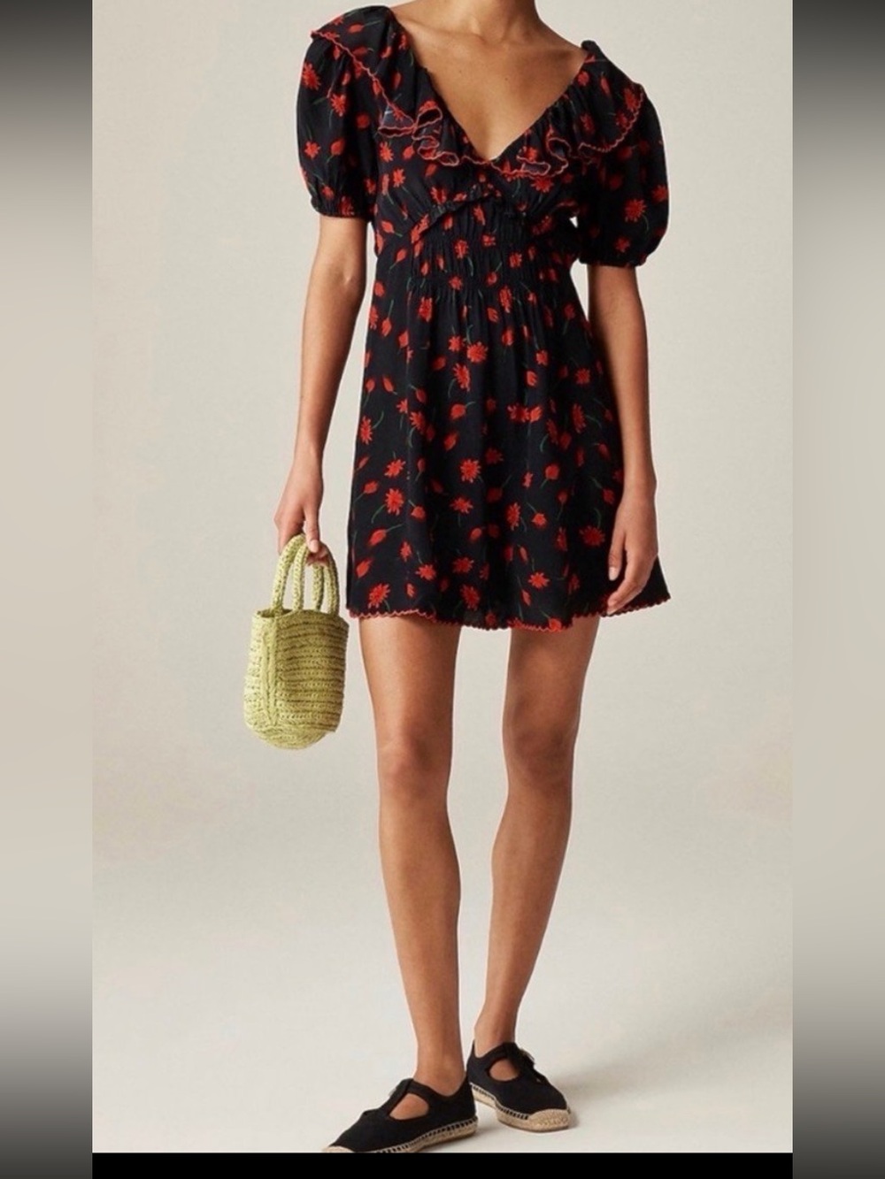 J. Crew Black Floral Mini Dress with Red painted daisy Print 12